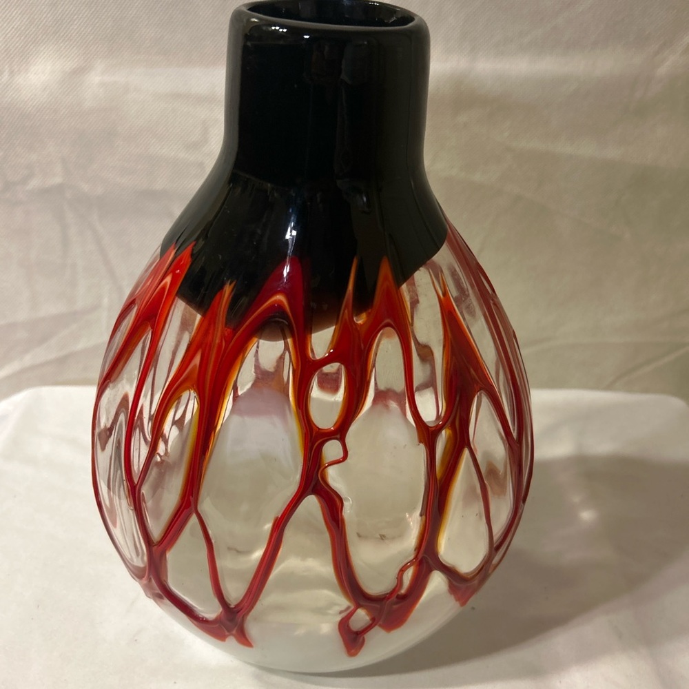 🔥 Hand-Blown Art Glass Vase – Red Lava Drip Design – 11.5” – JL Studio